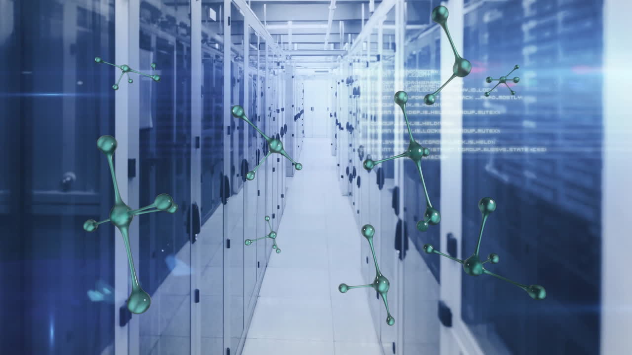 Animating molecular structure over data center server racks in modern tech facility