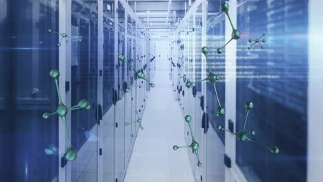 animación de la estructura molecular sobre los racks de servidores del centro de datos en una instalación de tecnología moderna