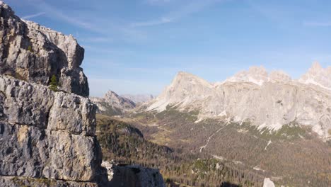 Aerial-Pullback-Reveals-Famous-Cinque-Torri-Rock-Formation-in-Italian-Dolomites-on-Beautiful-Day
