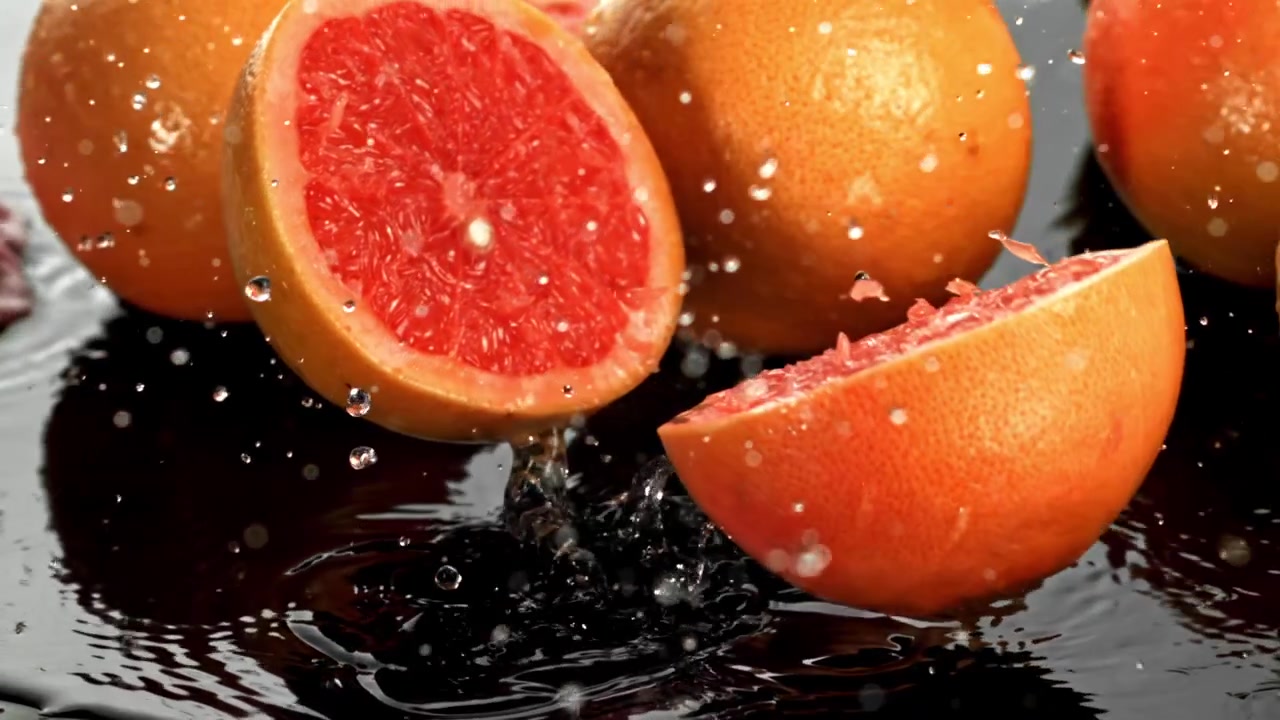 En cámara lenta: pomelo partiéndose por la mitad con salpicaduras de agua