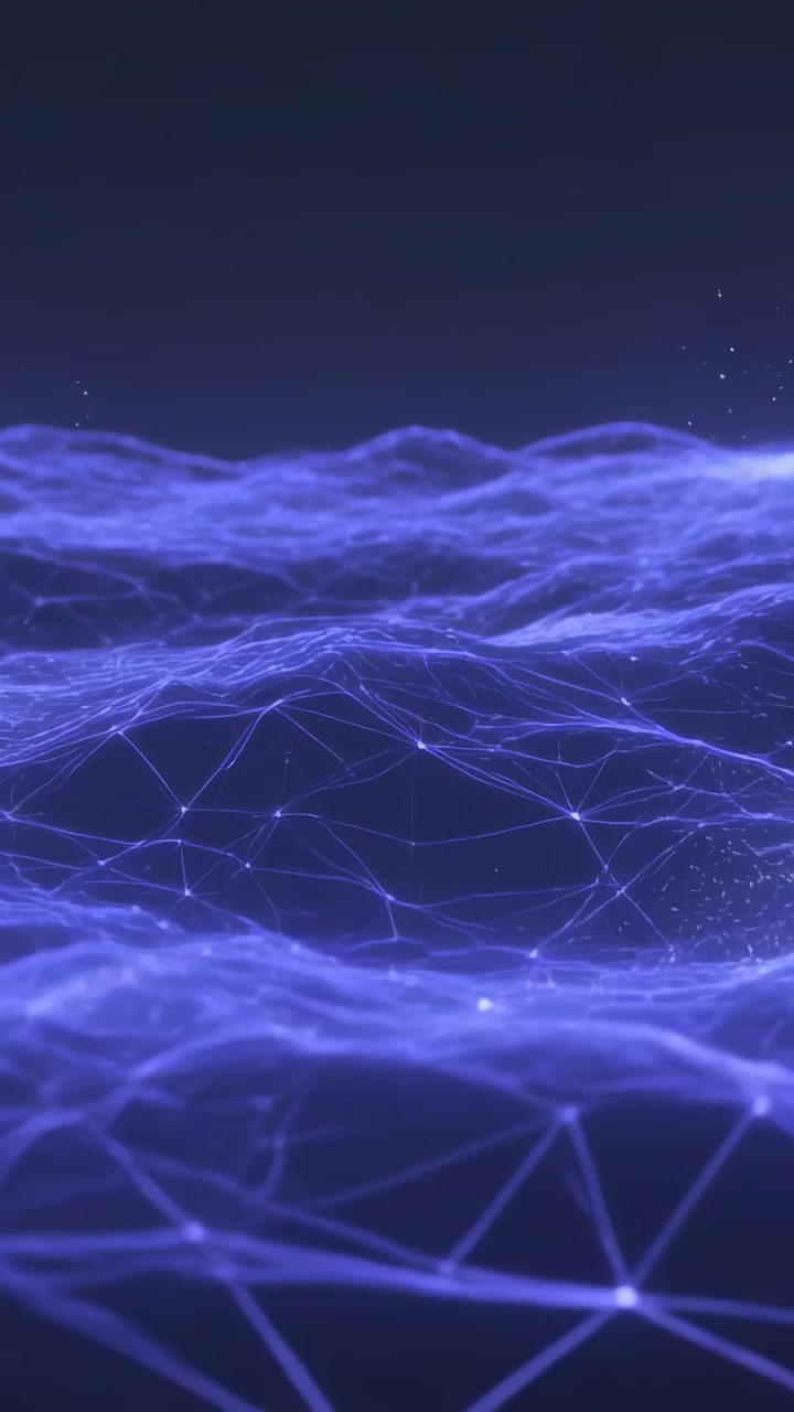 Vertical video: Starting glowing mesh undulating at dark sky to add depth, pulsing nodes, particles