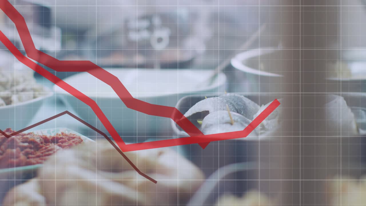 Grid overlay fading in two red lines descending then ascending over ceramic bowls for showing trend