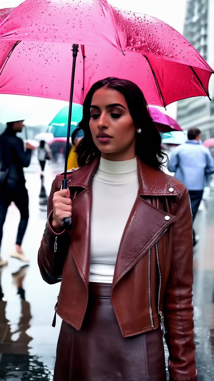 Una donna che indossa una giacca e una gonna di pelle marrone tiene in mano un ombrello rosa.
