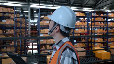 close up side view of asian male engineer with safety helmet looking at the tablet in his hand and looking around while standing in the warehouse with shelves full of delivery goods