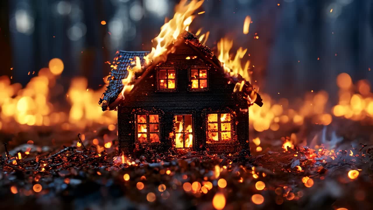 A small house is surrounded by a field of fire. The house is on fire and the flames are spreading
