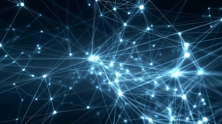 Bright blue nodes and fine connecting lines spread across a dark abstract space, creating a dynamic technological mesh with depth, motion, and a futuristic feel