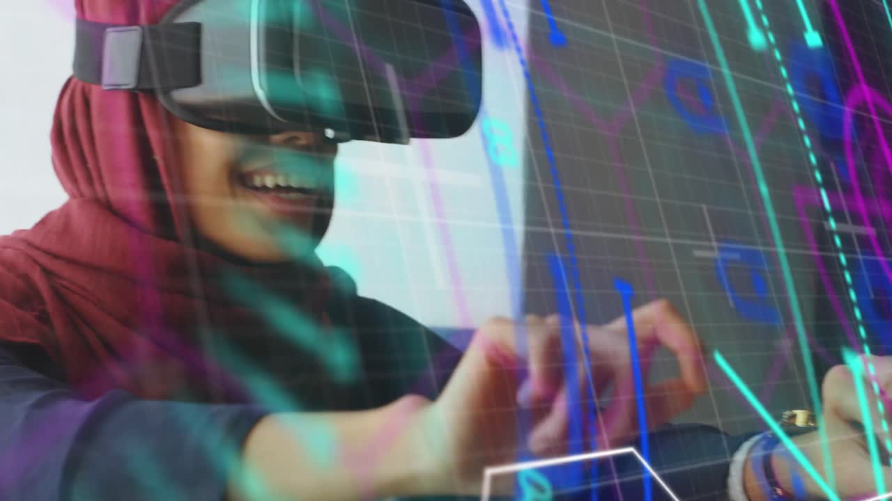 procesamiento de datos y escáner de alcance de neón contra mujer en hijab con auriculares vr