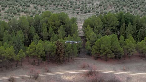 Drone in flight over forest with position lights and signal flashes. Close aerial view from above. view in orbit. Spain.