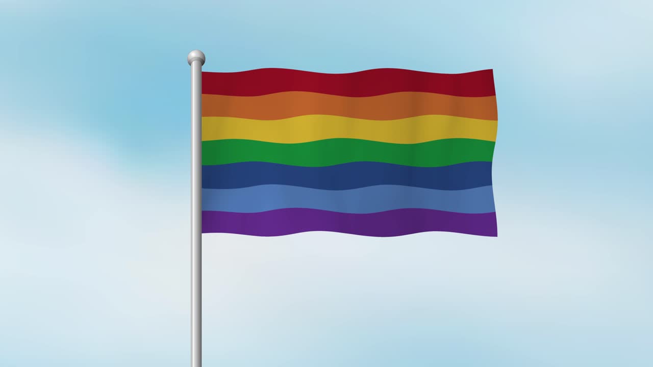Animated rainbow flag smoothly waves on a flagpole, set against a bright, soft-focus sky background