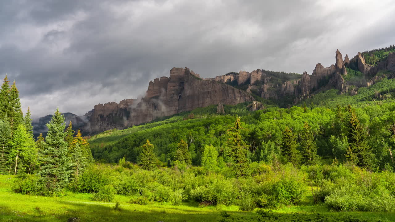 Time Lapse, Clouds and Shadows Moving Above Scenic Mountain Landscape and Rocky Cliffs
