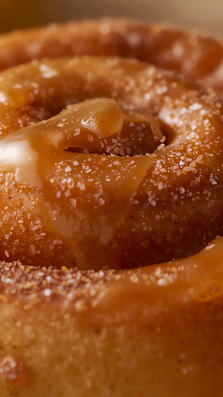 Vertical video: Shifting lens revealing caramel donut pooling on studio tabletop with salt crystals