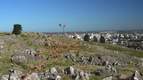 A-sierra-landscape-with-the-city-of-Tandil,-Argentina,-in-the-background