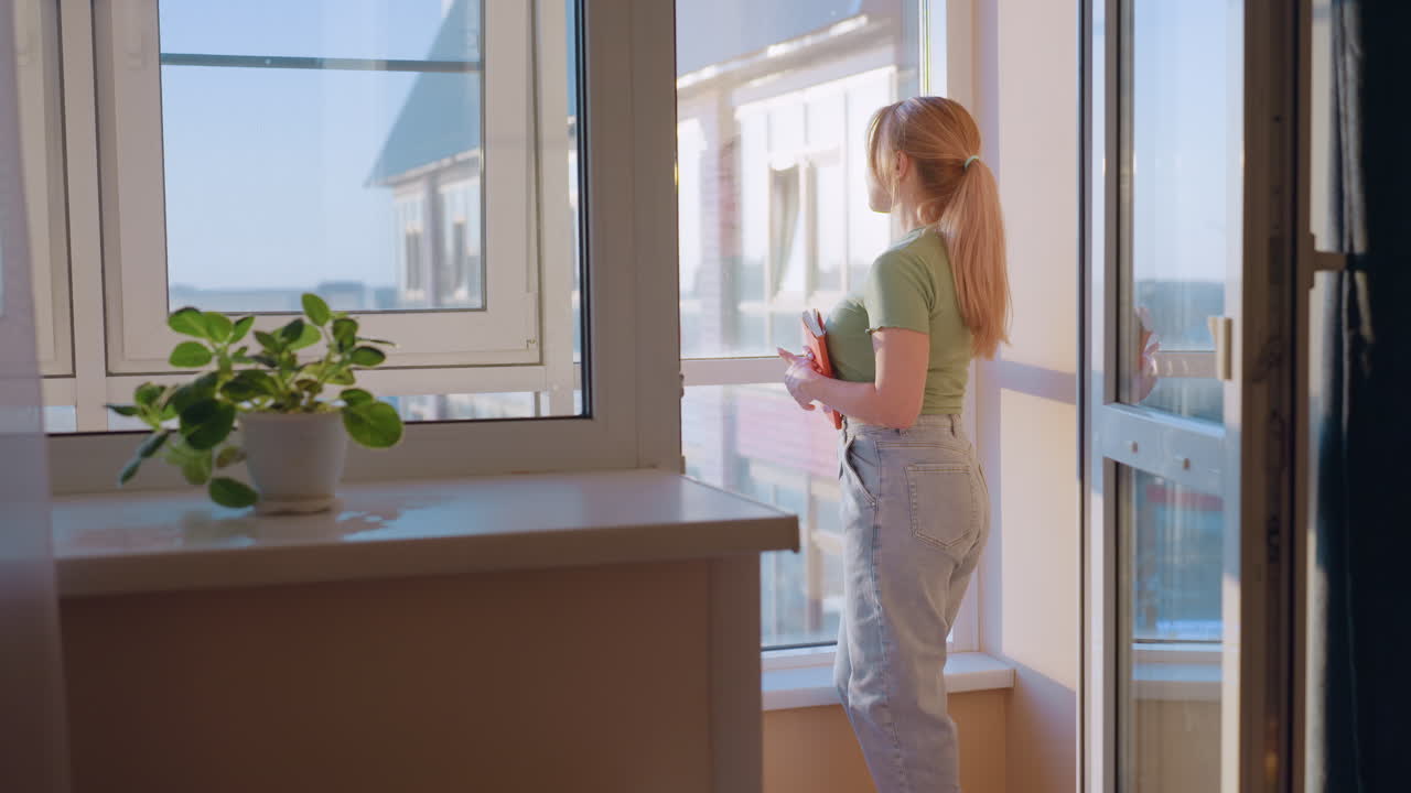 Lady holding book looking out thoughtfully through window at sunset, sunlight casting warm glow on her as she reflects with calm expression, creating mood of mindfulness