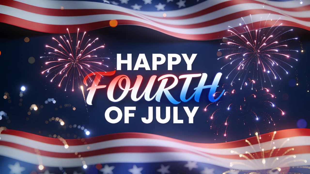Fireworks bursting, Fourth of July text glowing on backdrop with US flag ribbons, honoring holiday