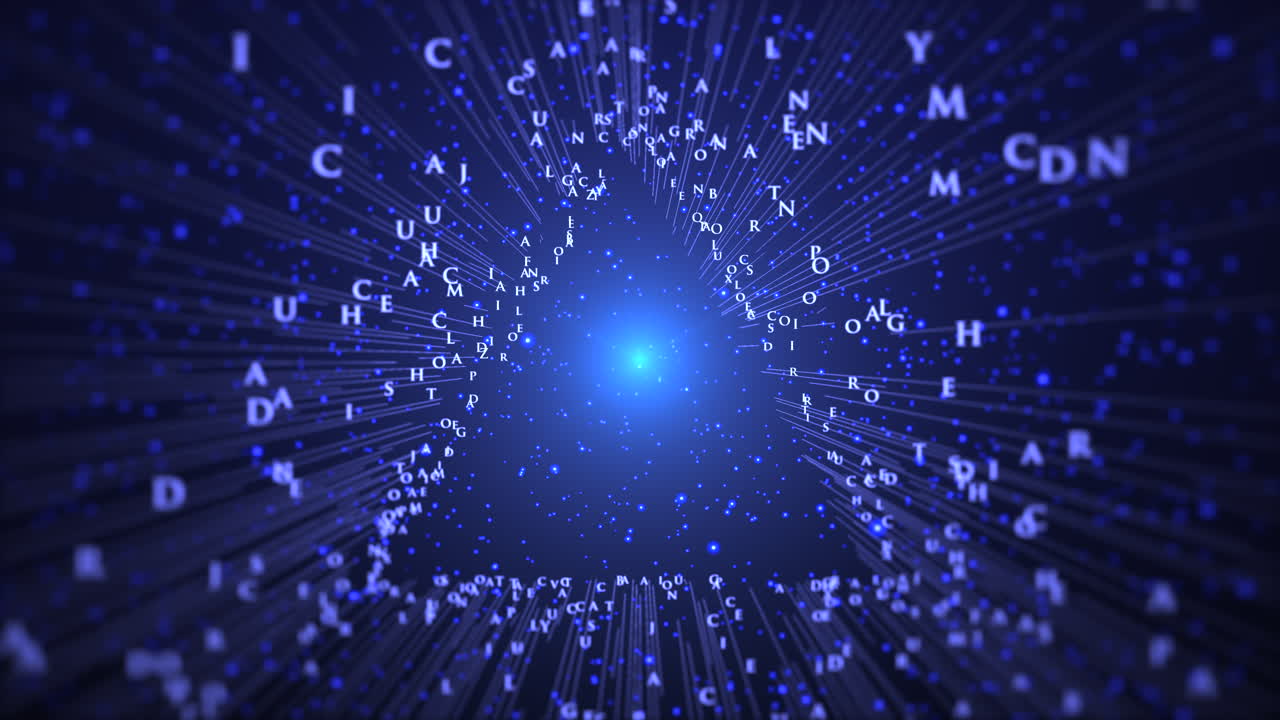 Fast-moving digital tunnel filled with floating alphabetic characters and symbols. Conceptual motion graphic for machine learning, linguistic AI, and big data processing
