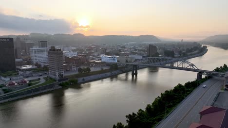 aerial-push-into-sunrise-and-charleston-west-virginia-skyline