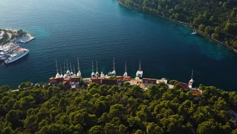 Aerial-View-Of-Pomena-In-National-Park-Mljet-In-Croatia---drone-shot