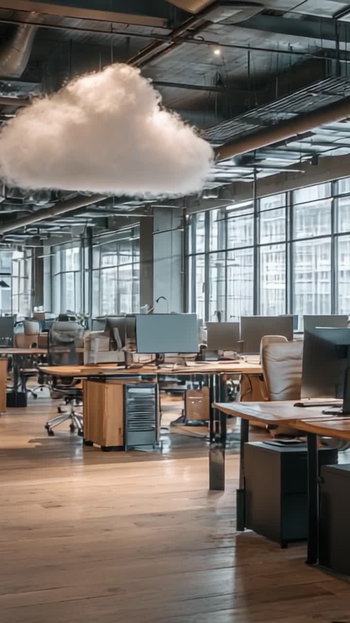 A Modern Office Space Featuring Creative Cloud Installation and Open-Plan Workstations Perfect for Collaboration and Innovative Thinking