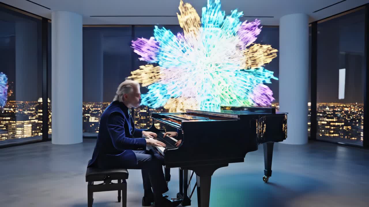 Pianist playing piano with visual art