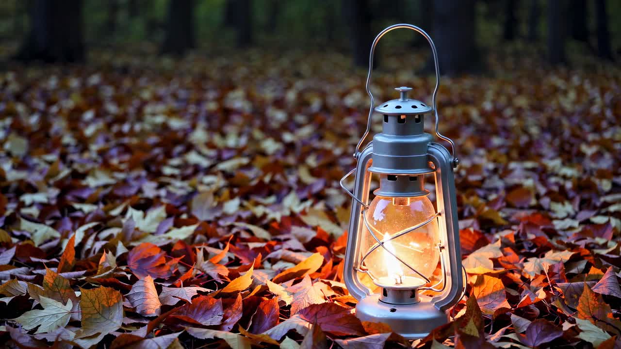 A vintage lantern glows warmly amidst fallen autumn leaves in a forest