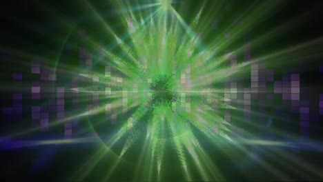 animación digital de ondas de luz verde girando contra cuadrados de mosaico púrpura sobre fondo negro