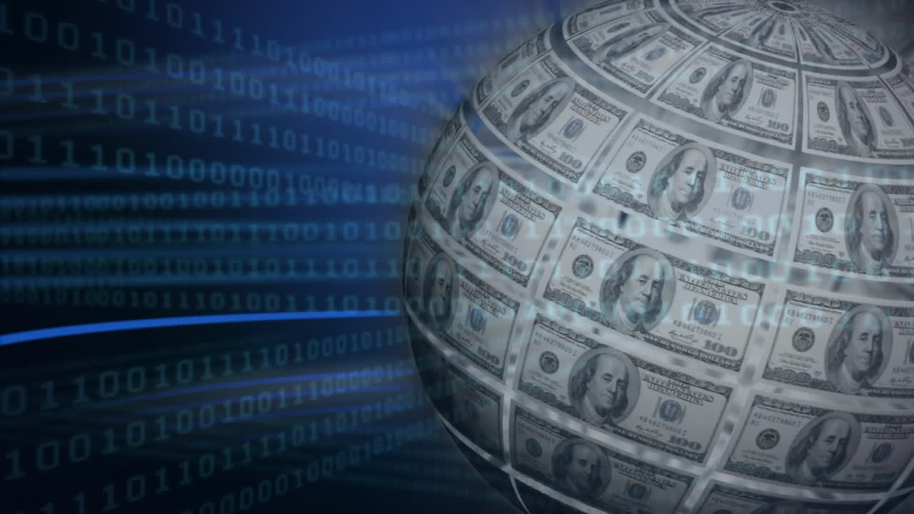 animación del globo con billetes de dólar sobre el procesamiento de datos sobre fondo negro