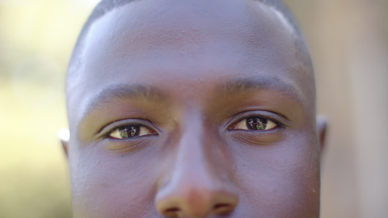 Close-up of man's eyes, reflecting outdoor scenery, capturing natural beauty
