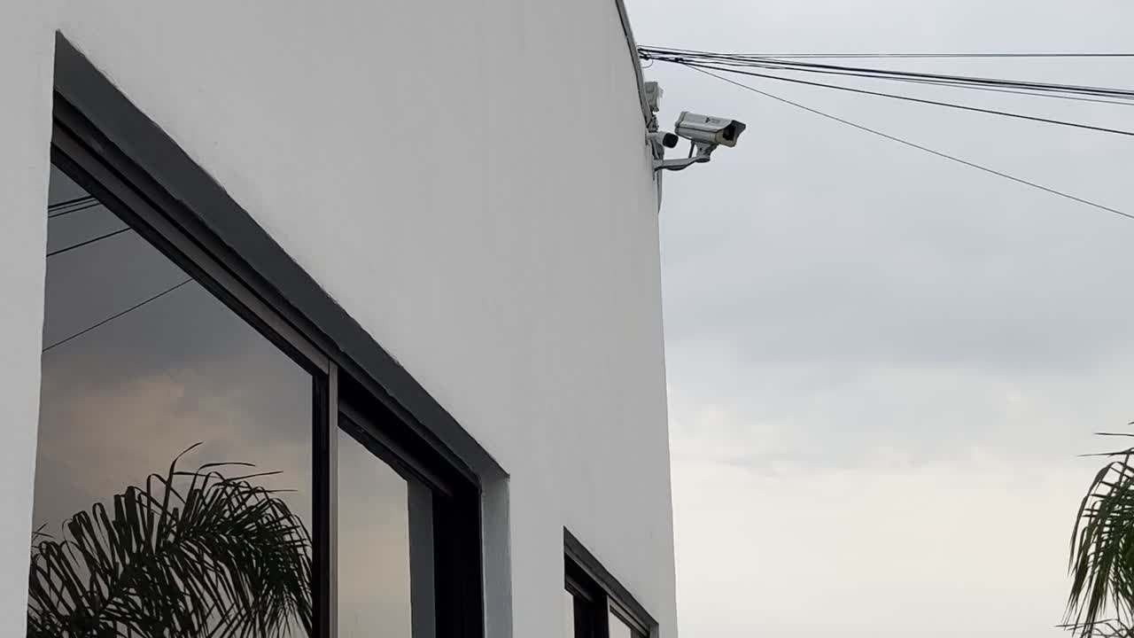 Parete laterale di un edificio con una finestra scura dove si riflettono palme e il tramonto