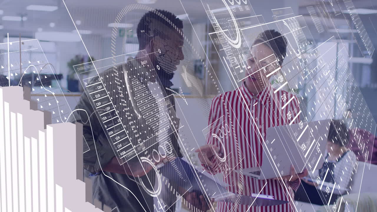 Animation of financial data processing over diverse business people in office