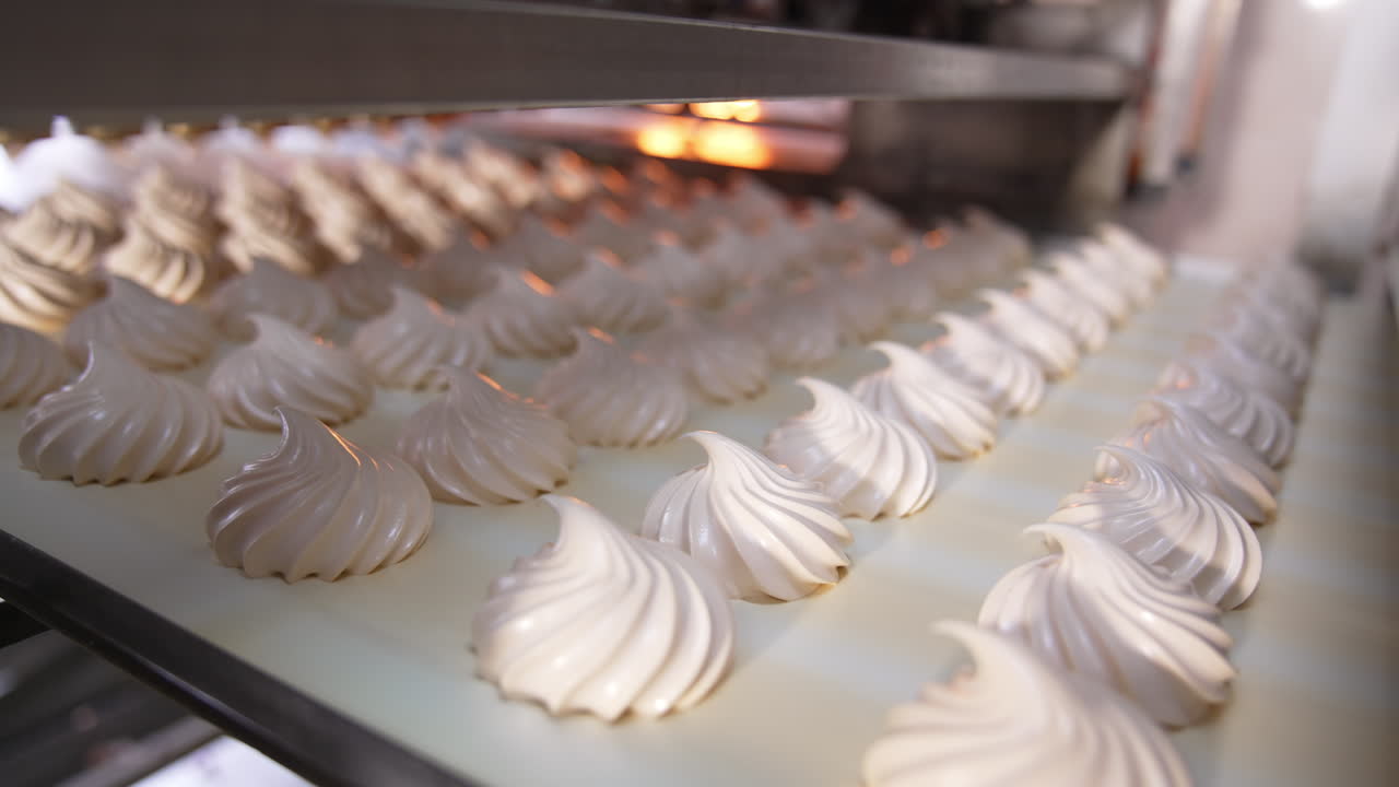 Slowly moving conveyor belt with fresh creamy marshmallows. Close up. Sweet vanilla desserts come from a dryer.