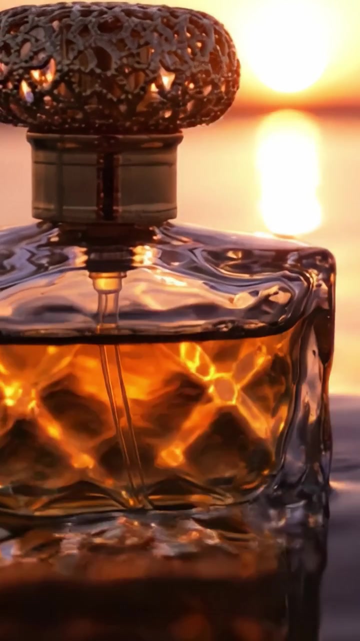 Uno scorcio di eleganza: affascinante bottiglia di profumo catturata al tramonto, che irradia tonalità calde riflettendo l'essenza della bellezza e della raffinatezza nell'abbraccio della natura.