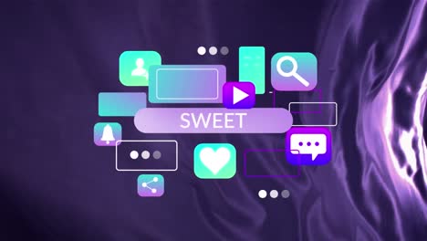 Animation-of-sweet-text-and-icons-on-moving-blue-background