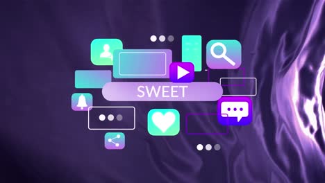 animación de texto dulce e iconos en un fondo azul en movimiento