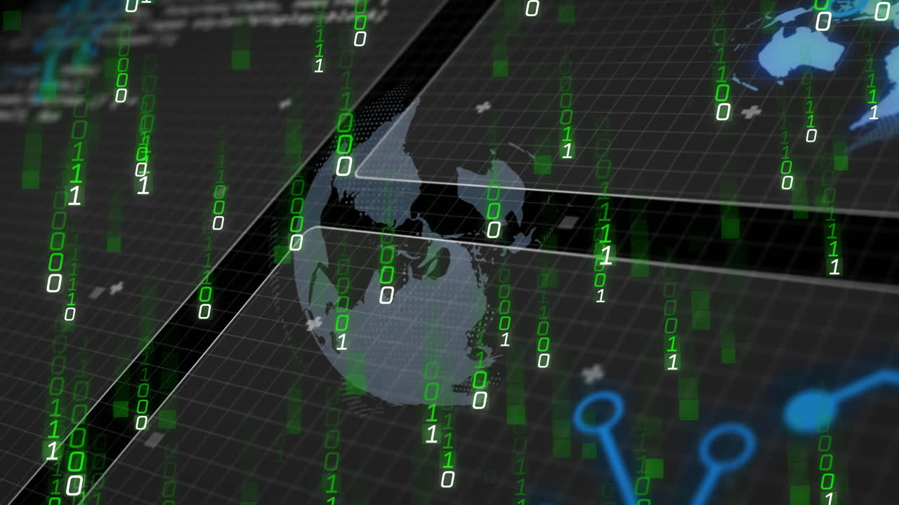 Data flow being displayed on dark 3D render grid with floating globe and green binary streams