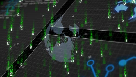 data flow being displayed on dark 3d render grid with floating globe and green binary streams