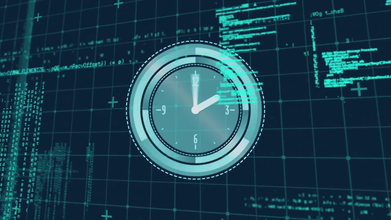 Animation of data processing and clock moving fast over gird