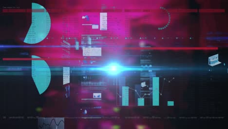 animación del registro estadístico y el procesamiento de datos sobre el paisaje urbano rosado fuera de foco