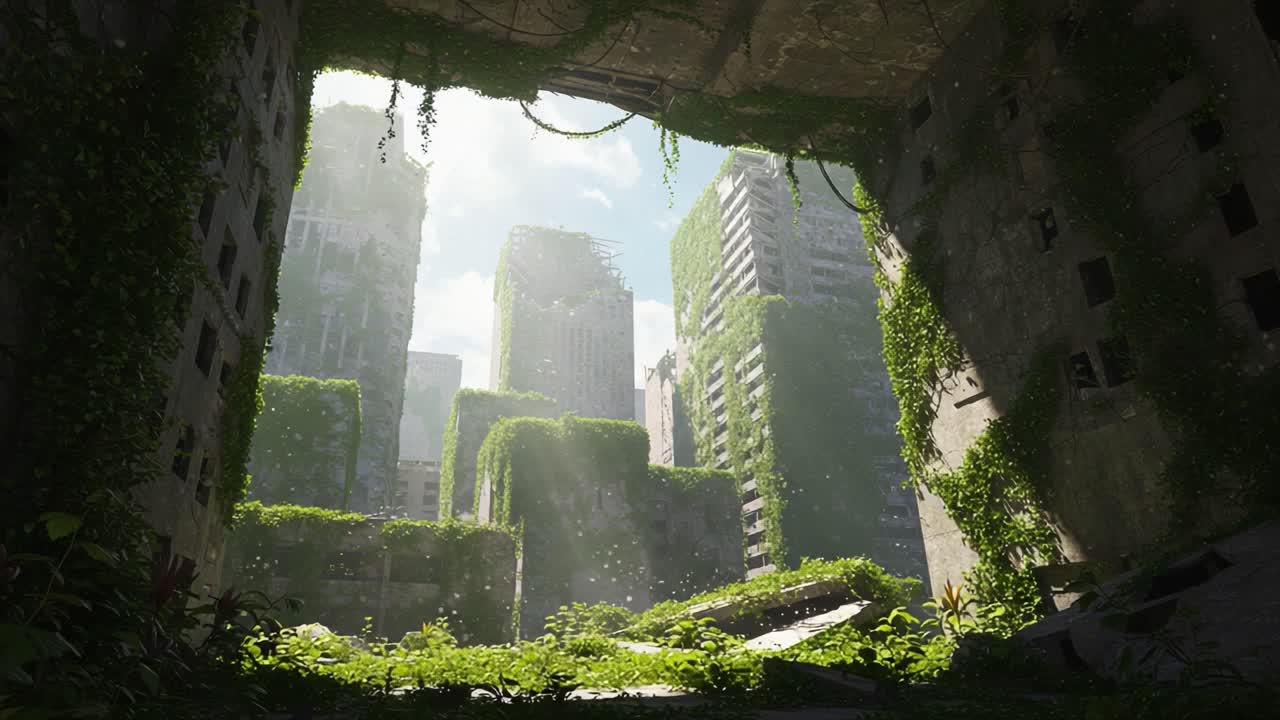 A Breathtaking View of a Forgotten Urban Landscape Overrun by Nature, Showcasing Towering Buildings Embraced by Lush Greenery and Voluminous Vines in a Sunlit Atmosphere