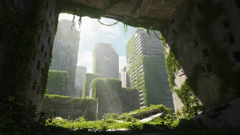 a breathtaking view of a forgotten urban landscape overrun by nature, showcasing towering buildings embraced by lush greenery and voluminous vines in a sunlit atmosphere