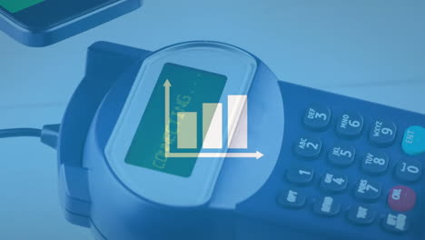 animation of financial data processing and statistics over payment terminal