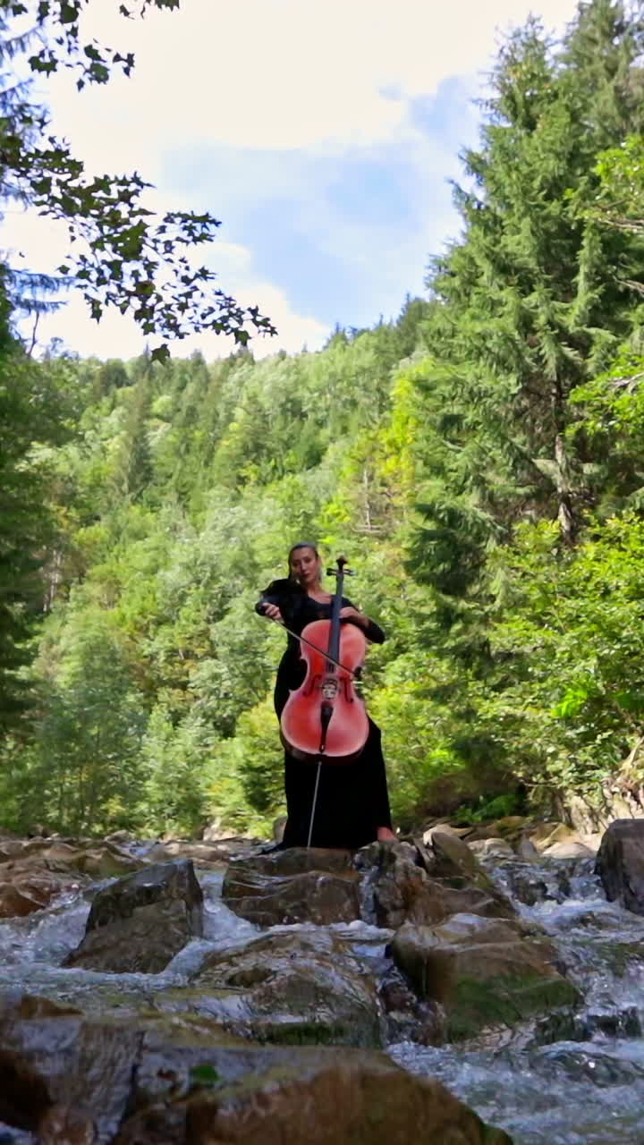 Beautiful girl playing cello in river. Young woman playing cello in river outdoors