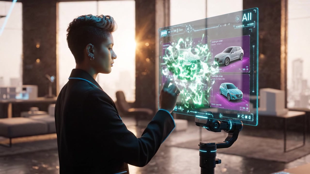 Futuristic Urban Setting: A Modern Individual Engaged with High-Tech Interactive Display Featuring Various Vehicle Models and Advanced Digital Interface