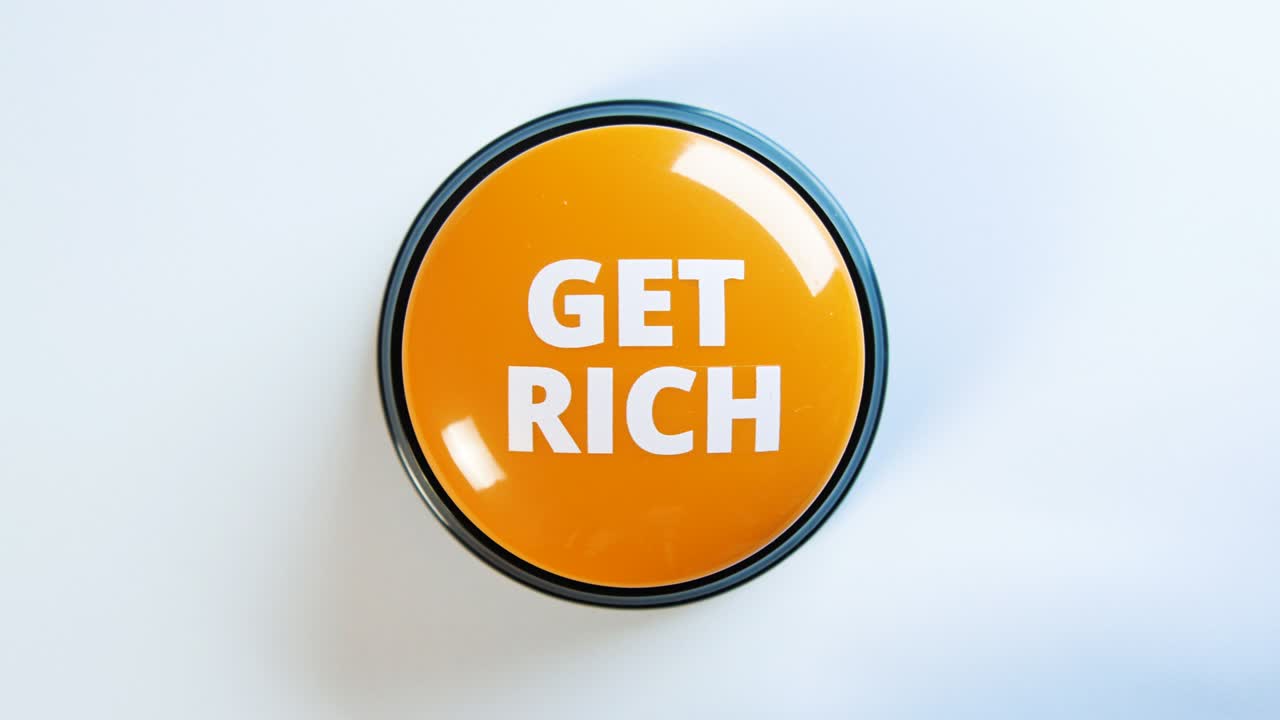 Concetto di arricchirsi velocemente. Donna che preme un pulsante lucido con denaro per diventare più ricca. Guadagnare denaro facile e ricchezza. Un modo semplice per fare soldi. Storia di successo. Fonte di reddito passivo. Corso per fare soldi.