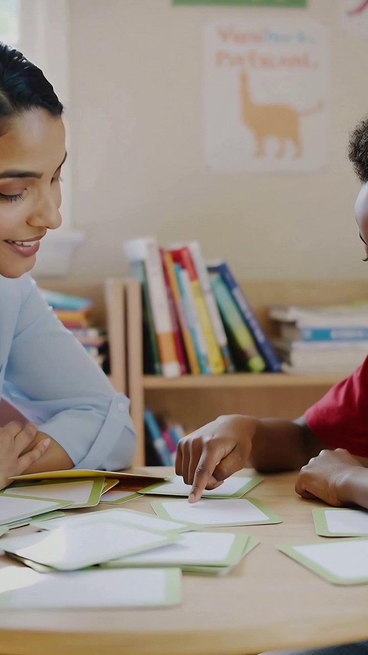 Video verticale: Ragazzo che indica e sceglie in classe con carte verdi sparse, insegnante in maglietta blu che aiuta.