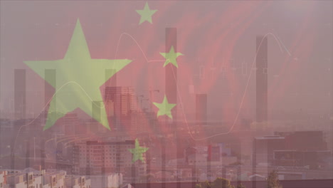 animation of flag of china and financial data processing over cityscape