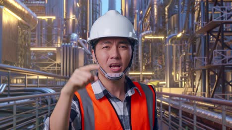 close up of angry asian male engineer with safety helmet shouting at someone while standing at a vast oil refinery
