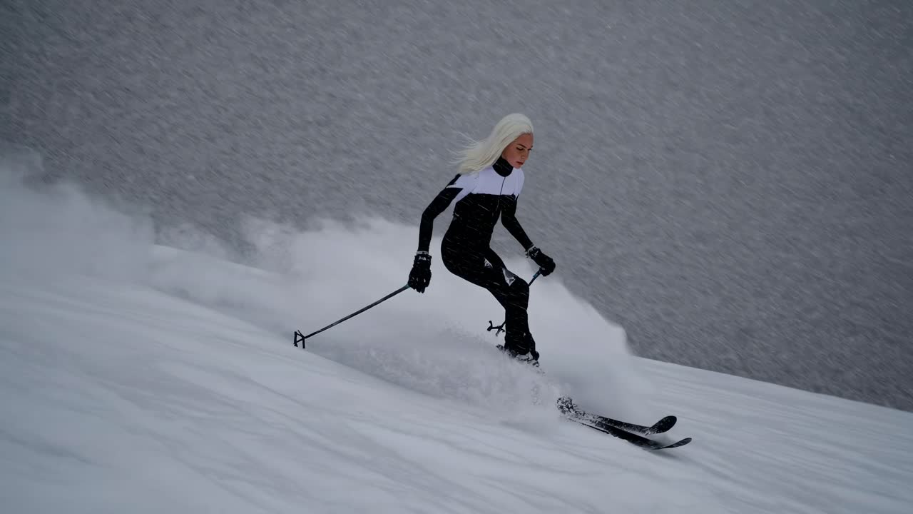 Dynamic video captures a skier in action, angled from the side, showcasing speed and grace