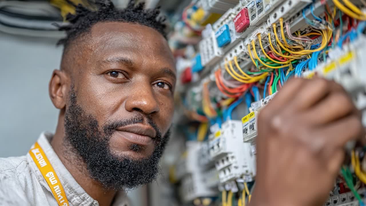 A skilled technician focuses intently on a complex electrical panel, ensuring all wires are properly connected and functioning for optimal performance and safety