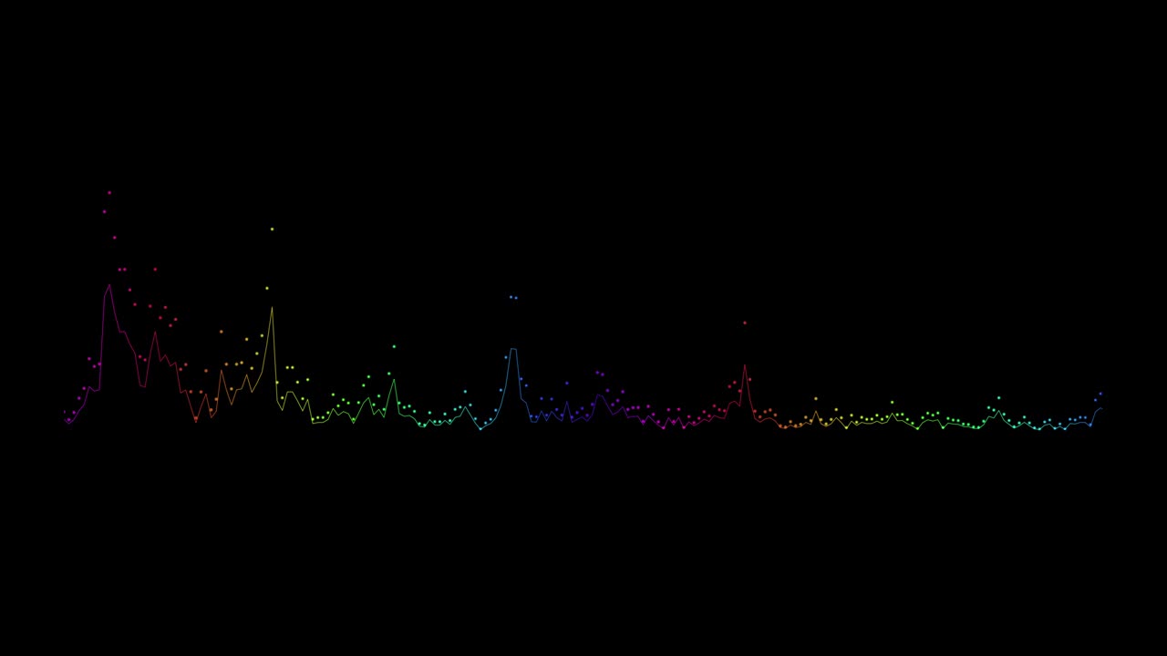 추상적인 스트럼 선은 검은색 배경에 진동하는 파동 형태의 스트름 파동 디자인을 반사합니다.