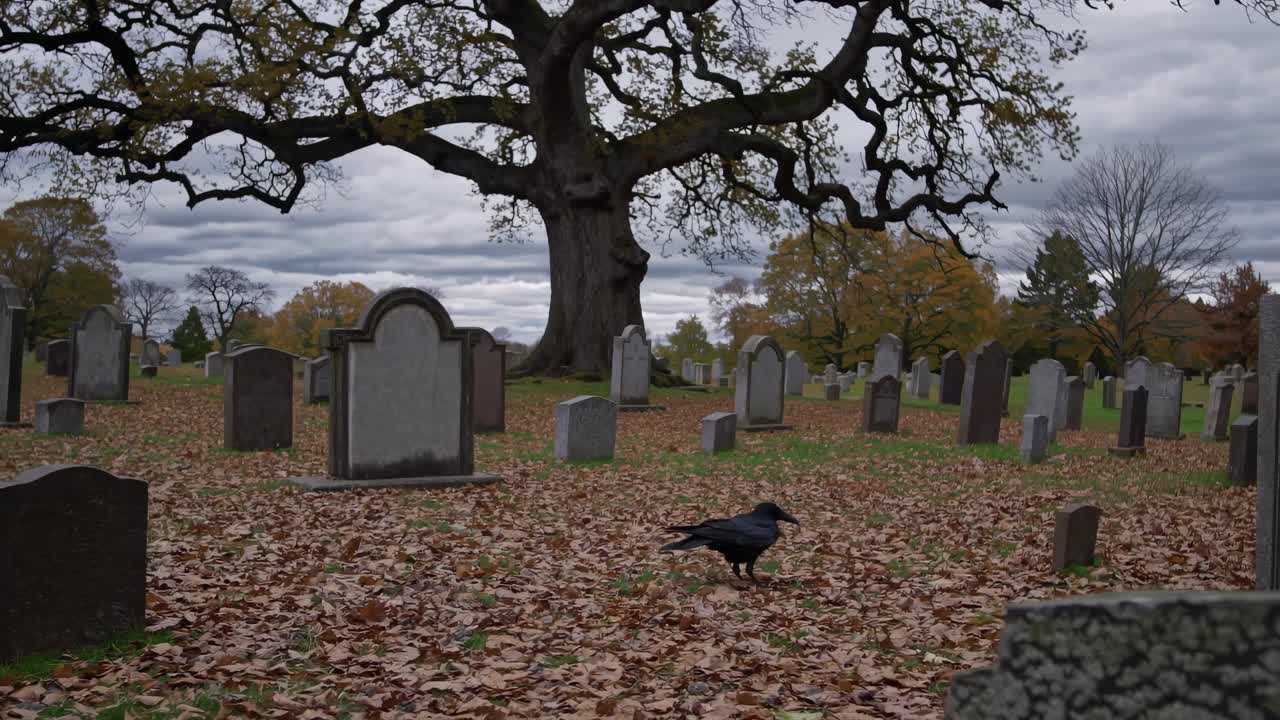 A wide-angle video shot of a cemetery with a crow on fallen leaves, emphasizing a somber, eerie